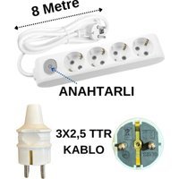 Avarson 3x2.5 TTR 3500 W Topraklı Anahtarlı 4'lü 8 m Uzatma Kablosu Beyaz