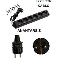 Avarson 3x2.5 TTR 3500 W 6'lı 14 m Uzatma Kablosu Siyah