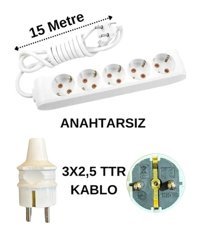 Avarson 3x2.5 TTR 3500 W Topraklı 5'li 15 m Uzatma Kablosu Beyaz