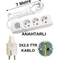 Avarson 3x2.5 TTR 3000 W Topraklı Anahtarlı 3'lü 7 m Uzatma Kablosu Beyaz