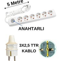 Avarson 3x2.5 TTR 3500 W Topraklı Anahtarlı 6'lı 5 m Uzatma Kablosu Beyaz
