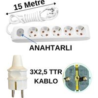 Avarson 3x2.5 TTR 3500 W Topraklı Anahtarlı 5'li 15 m Uzatma Kablosu Beyaz