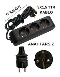 Avarson 3x1.5 TTR 3500 W Topraklı 3'lü 9 m Uzatma Kablosu Siyah