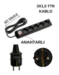 Avarson 3x1.5 TTR 3500 W Topraklı Anahtarlı 5'li 40 m Uzatma Kablosu Siyah