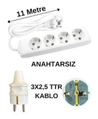 Avarson 3x2.5 TTR 3500 W Topraklı 4'lü 11 m Uzatma Kablosu Beyaz