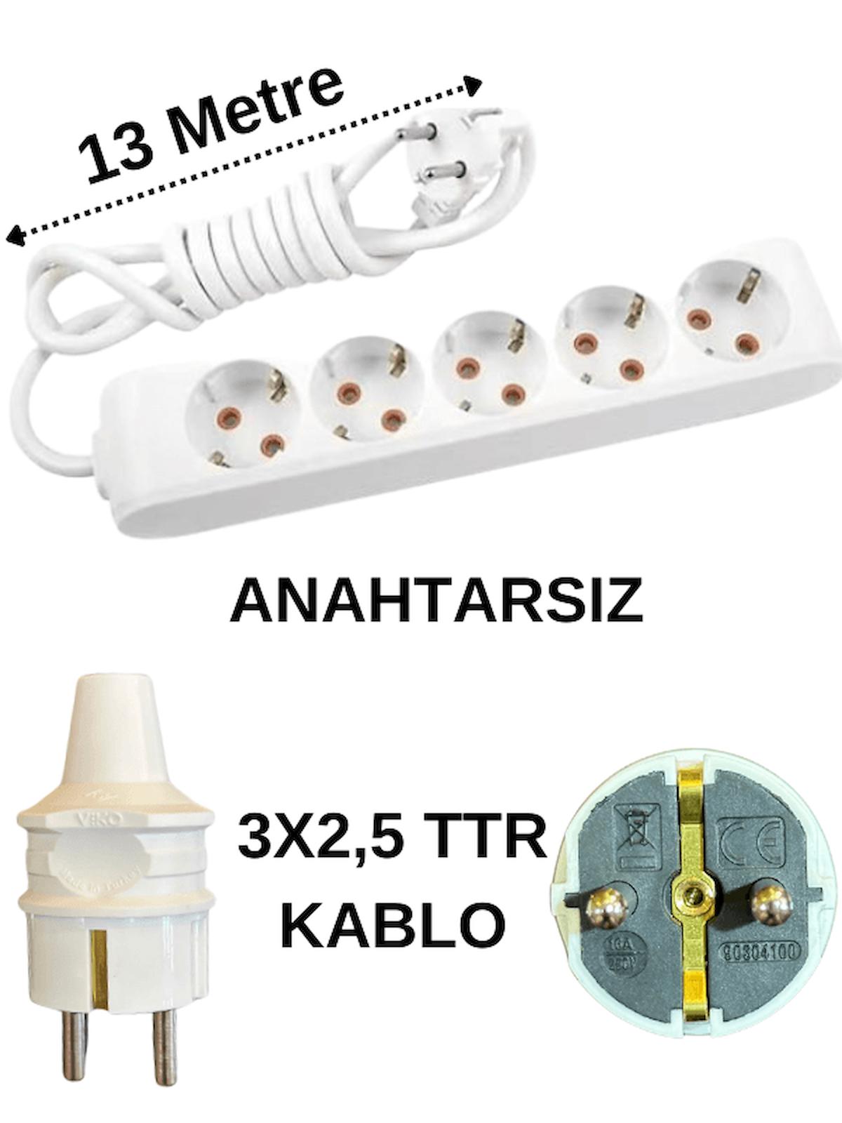 Avarson 3x2.5 TTR 3500 W Topraklı 5'li 13 m Uzatma Kablosu Beyaz