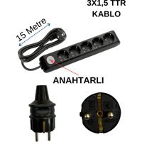 Avarson 3x1.5 TTR 3500 W Topraklı Anahtarlı 5'li 15 m Uzatma Kablosu Siyah