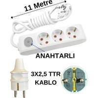 Avarson 3x2.5 TTR 3500 W Topraklı Anahtarlı 3'lü 11 m Uzatma Kablosu Beyaz