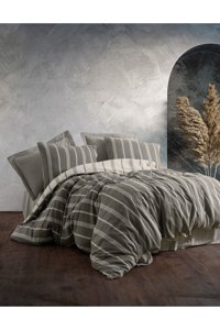 Cotton Box Smooth Pamuklu 4 Mevsim 200 x 220 cm Çarşaflı Çizgili Çift Kişilik Nevresim Takımı Haki