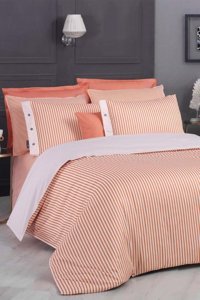 Sarev Tommy 233 TC Saten 4 Mevsim 200 x 220 cm Çarşaflı Çizgili Çift Kişilik Nevresim Takımı Somon