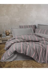 Cotton Box Ribbed Pamuklu 4 Mevsim 200 x 220 cm Çarşaflı Çizgili Çift Kişilik Nevresim Takımı Gri