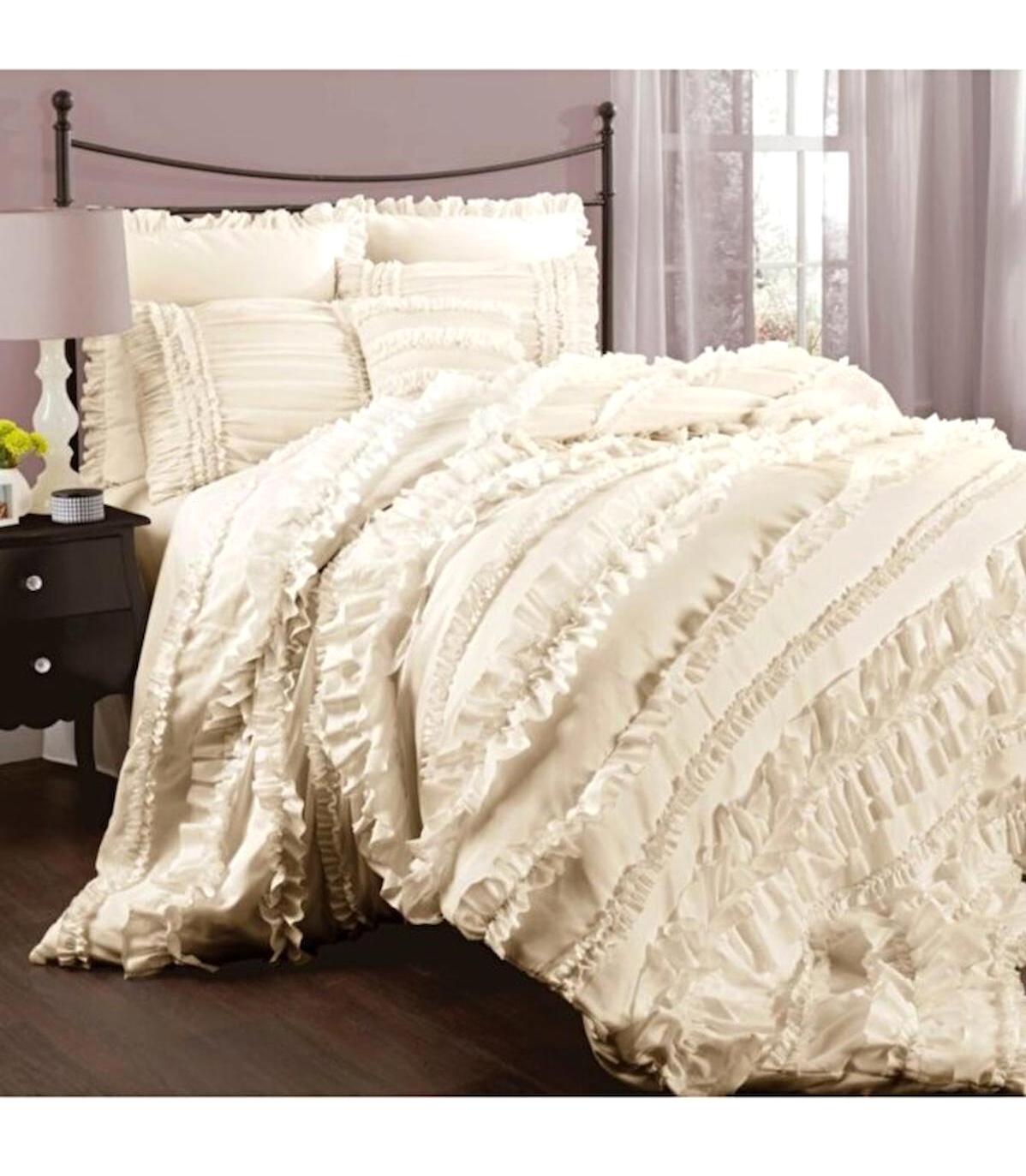 Krem Saten 4 Mevsim 200 x 220 cm Çarşaflı Fırfırlı Çift Kişilik Nevresim Takımı Krem