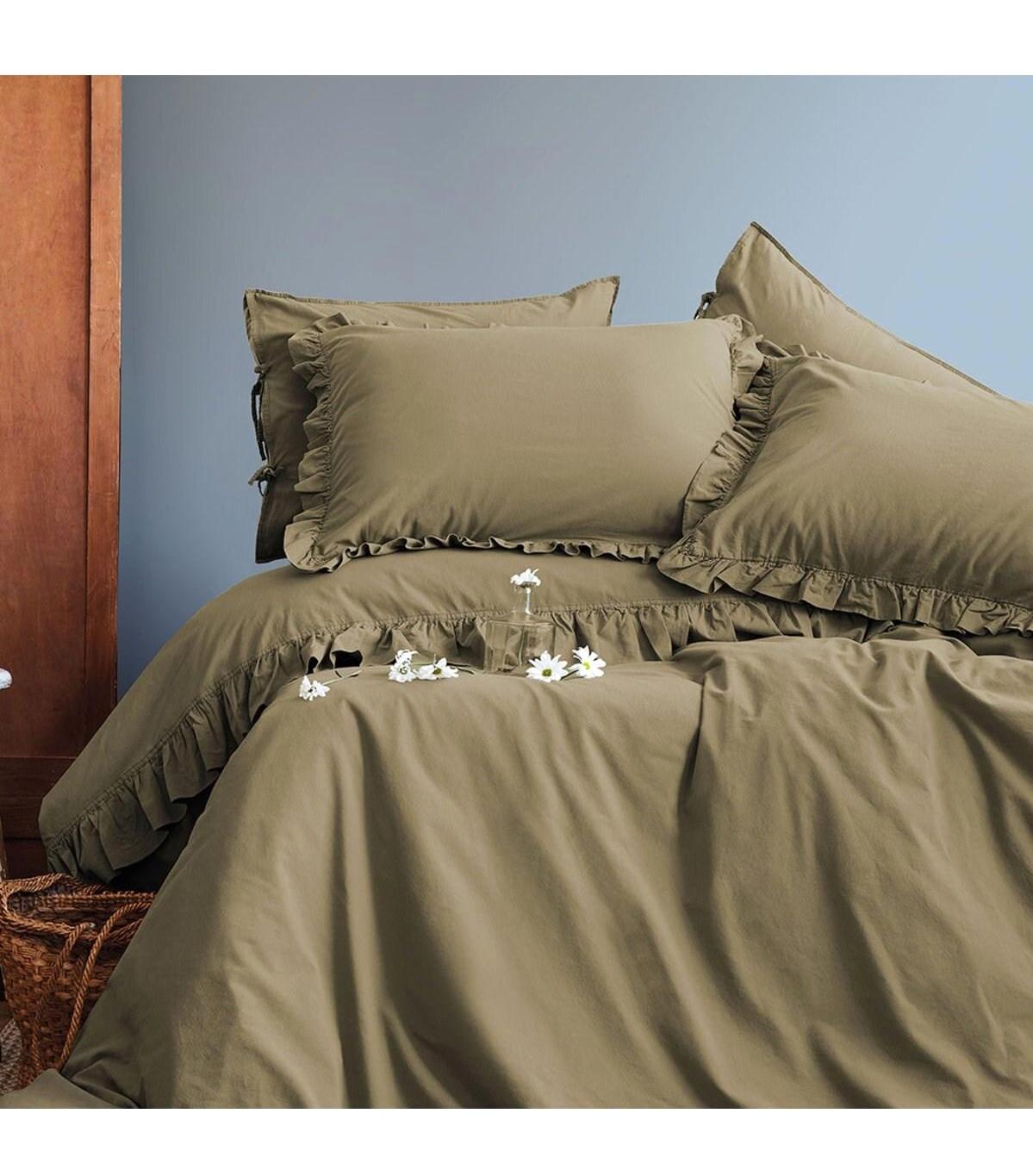 İssimo Frill Pamuklu 4 Mevsim 200 x 220 cm Çarşaflı Desenli Çift Kişilik Nevresim Takımı Haki