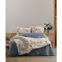 Cozy Home Quadra Pamuklu 4 Mevsim 200 x 220 cm Çarşaflı Desenli Çift Kişilik Nevresim Takımı Mavi