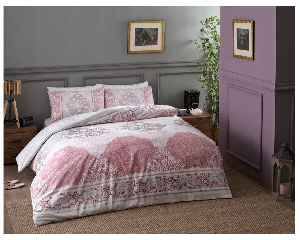 Taç Aryan Ranforce 4 Mevsim 200 x 220 cm Çarşaflı Desenli Çift Kişilik Nevresim Takımı Pembe