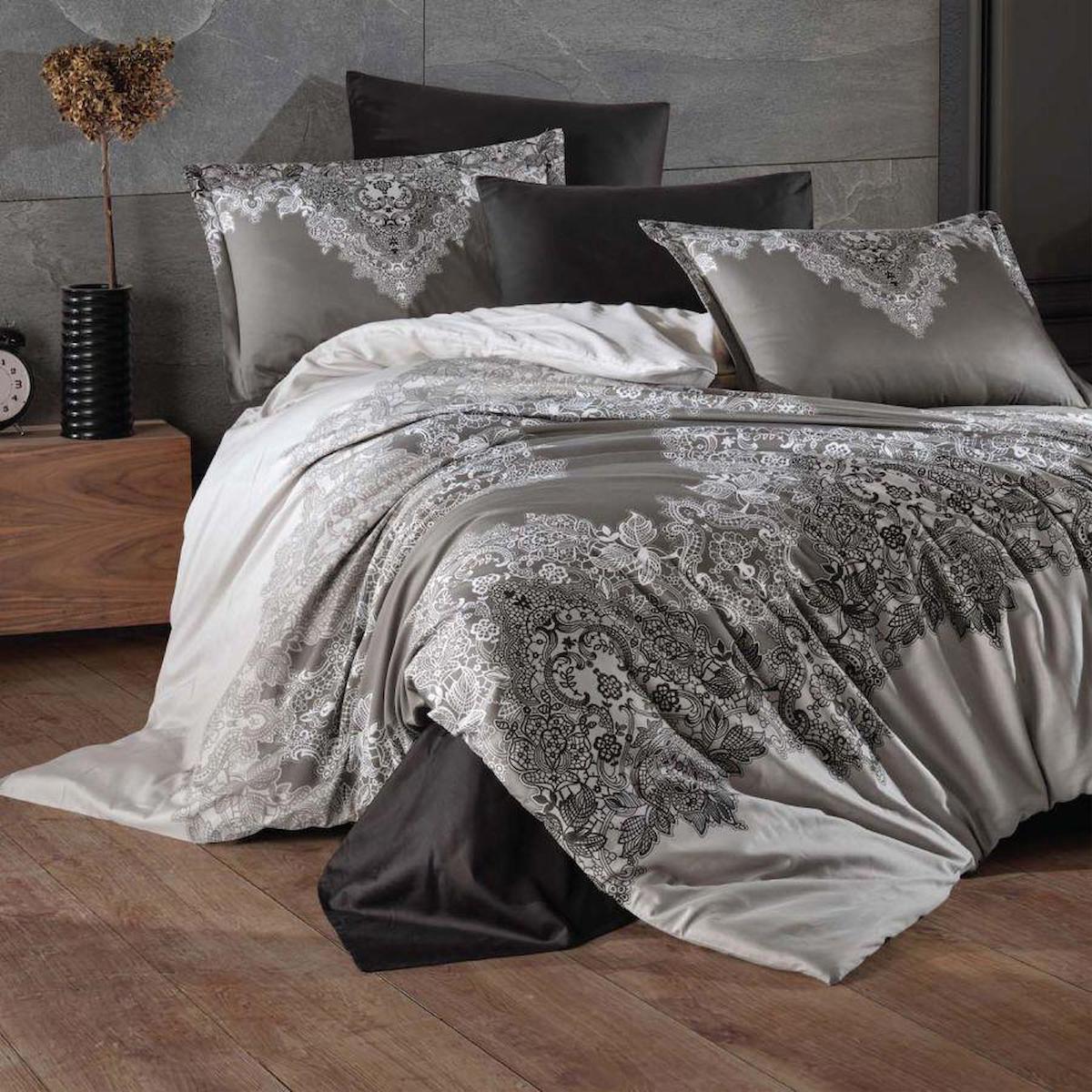 Clasy Noldor V1 Saten 4 Mevsim 200 x 220 cm Çarşaflı Desenli Çift Kişilik Nevresim Takımı Antrasit