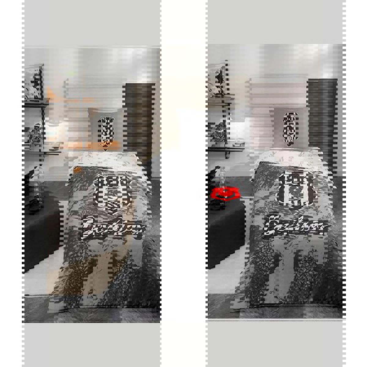 Taç Beşiktaş Kartal Pamuklu 4 Mevsim 160 x 220 cm Çarşaflı Desenli Çift Kişilik Nevresim Takımı Çok Renkli