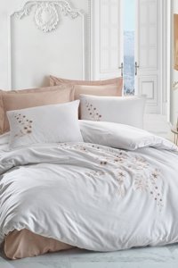 Cotton Box Della Saten 4 Mevsim 200 x 220 cm Çarşaflı Çiçekli Çift Kişilik Nevresim Takımı Bej