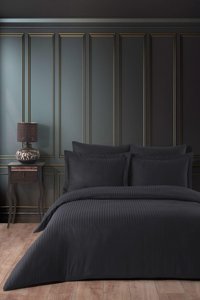 Varol Laura Home Saten 4 Mevsim 200 x 220 cm Çarşaflı Çizgili Çift Kişilik Nevresim Takımı Siyah