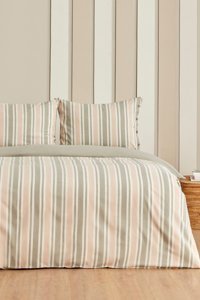 Sarah Anderson Mancy Pamuklu 4 Mevsim 200 x 220 cm Çarşaflı Çizgili Çift Kişilik Nevresim Takımı Bej-Yeşil