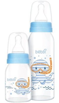 Bebsi Cam Kulpsuz 0 - 6 Ay Desenli Mavi Biberon 250 ml