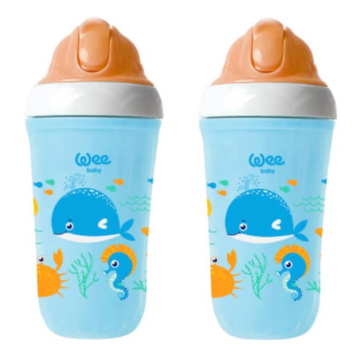 Wee Baby Yalıtımlı Pipetli Akıtmaz Kulpsuz 2x200 ml Alıştırma Bardağı Mavi