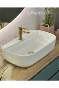 Turkuaz Seramik Aqua Klasik Tekli 60 cm Seramik Tezgah Üstü Dikdörtgen Lavabo Beyaz