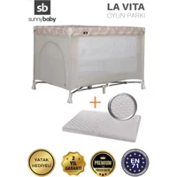 Sunny Baby La Vita 25 kg Kapasiteli Ayarlanabilir Taşınabilir Katlanabilir Ara Katlı 70x110 cm Sallanan Anne Yanı Park Yatak Bej+Yatak