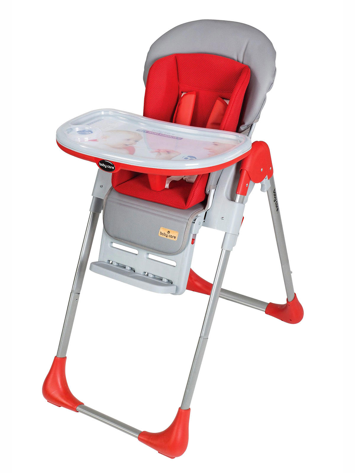 Baby Care BC 511 Alüminyum Emniyet Kemerli 15 kg Kapasiteli Tekerleksiz Tepsili Oturaklı Katlanır Mama Sandalyesi Kırmızı