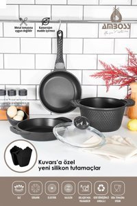 Amboss 4 Parça Cam Kapaklı Döküm Saplı Döküm Tencere ve Tava Seti