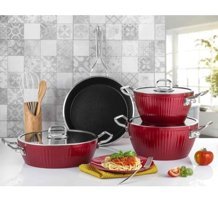 Lines Ayseren Kırmızı 7 Parça Cam Kapaklı Çelik Saplı Granit Tencere Seti
