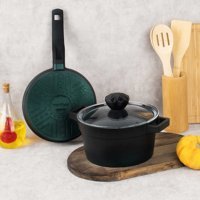 Polo Chef Mini 3 Parça Cam Kapaklı Bakalit Saplı Granit Tencere ve Tava Seti