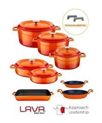 Lava Trendy Turuncu 13 Parça Döküm Kapaklı Döküm Saplı Döküm Tencere ve Tava Seti