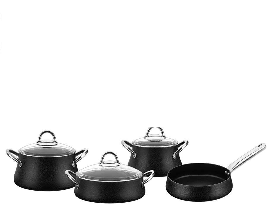 Chef Rubenis Best Cook Luxury 7 Parça Cam Kapaklı Çelik Saplı Granit Tencere Seti
