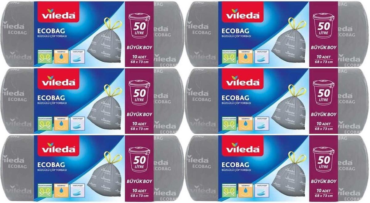 Vileda Büzgülü Büyük Boy 68x73 cm Çöp Poşeti 6x10 Adet Gri