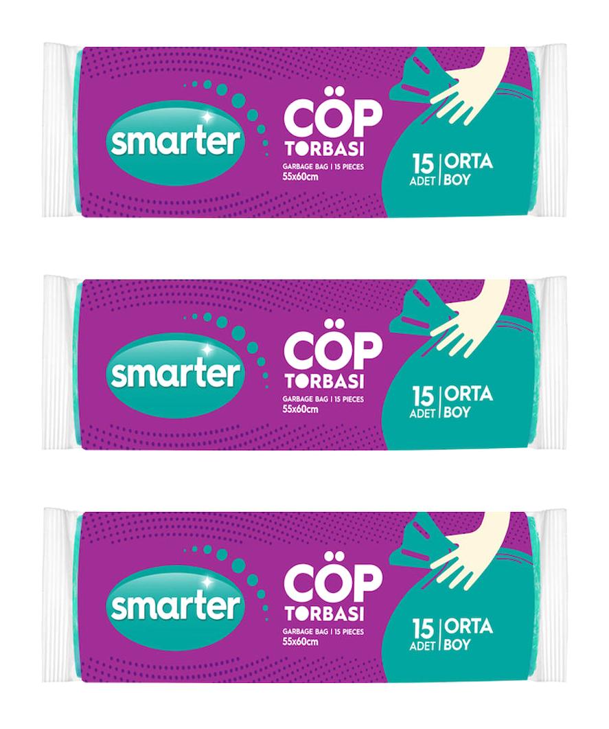 Smarter Şeffaf Orta Boy 55x60 cm Çöp Poşeti 3x15 Adet Beyaz