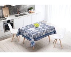 Adawall Flowers Keten 160x220 cm Dikdörtgen Masa Örtüsü Beyaz-Mavi