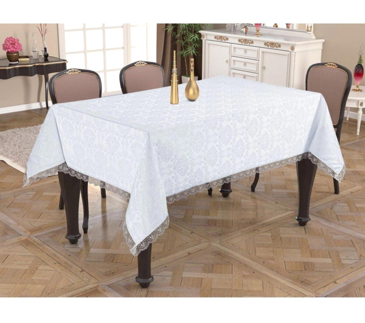Viva Home Fransız Dantel Tay Tüyü 140x240 cm Dikdörtgen Masa Örtüsü Beyaz