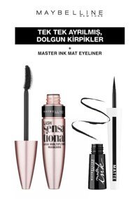 Maybelline New York Master Ink Mat Siyah Fırça Likit Eyeliner + Maybelline Lash Sensational Ekstra Black Maskara