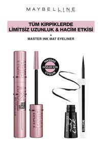 Maybelline New York Master Ink Mat Siyah Kalıcı İnce Uçlu Fırça Likit Eyeliner + Maybelline New York Lash Sensational Sky High Maskara
