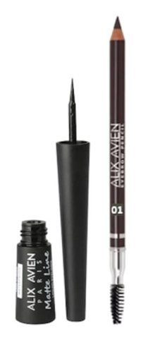 Alix Avien Çift Taraflı Mat Pastel Siyah İnce-Kalın Uçlu Kalem Eyeliner + Alix Avien Kaş Kalemi Koyu Kahve