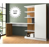 Bicabin Narin Kitaplıklı Dolaplı 175x55x178 cm MDF Gövdeli Beyaz-Kahverengi Çalışma Masası