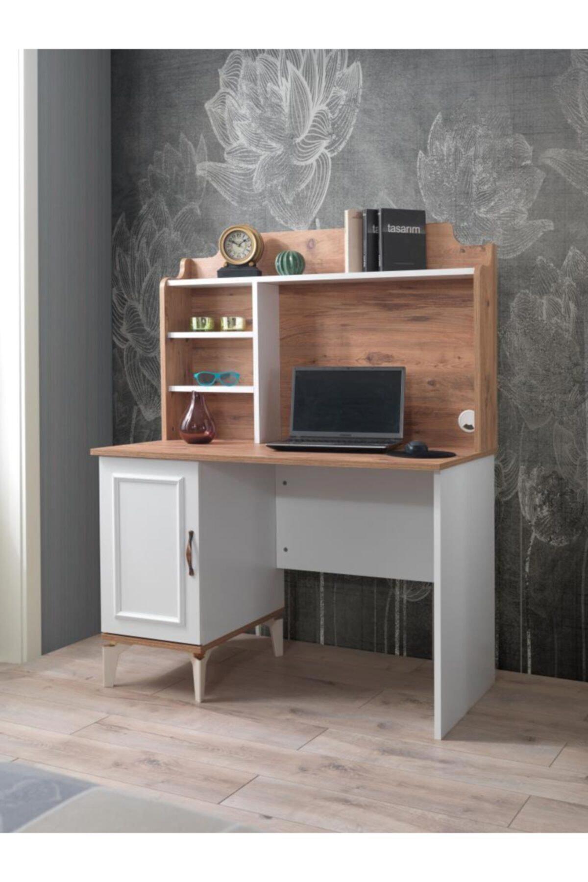 Genç Kitaplıklı Dolaplı 144x59x110 cm Yonga Levha Gövdeli Suntalam Ayaklı Beyaz-Kahverengi Çalışma Masası