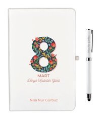 Hediyerengi Kadınlar Günü Kalemli A5 Çizgili Düz Orta Boy Beyaz Set Not Defteri