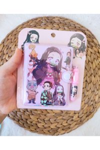 Pembe Çarşı Demon Slayer Kalemli A7 Çizgili Küçük Boy Pembe Not Defteri