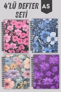 Craft A5 44 Yaprak Çizgisiz Telli Sert Kapak 4'lü Çiçek Okul Defteri