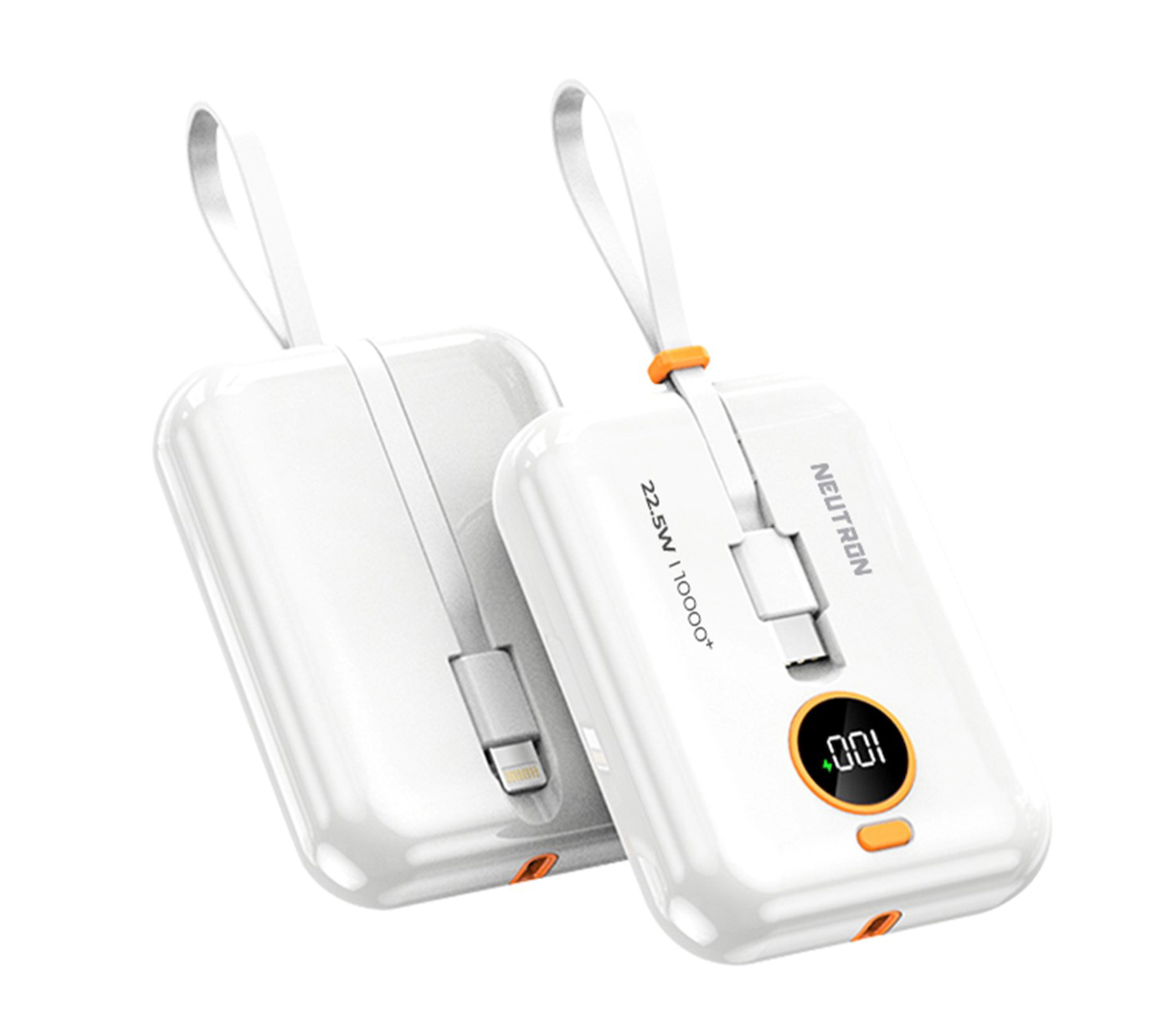 Neutron Ultra Hızlı 10000 mAh Hızlı Şarj Dijital Göstergeli Lightning & Type C Çoklu Bağlantı Kablolu Powerbank Beyaz