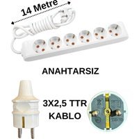 Avarson 3500 W Kalın Topraklı 6'lı 14 m Uzatma Kablosu Beyaz