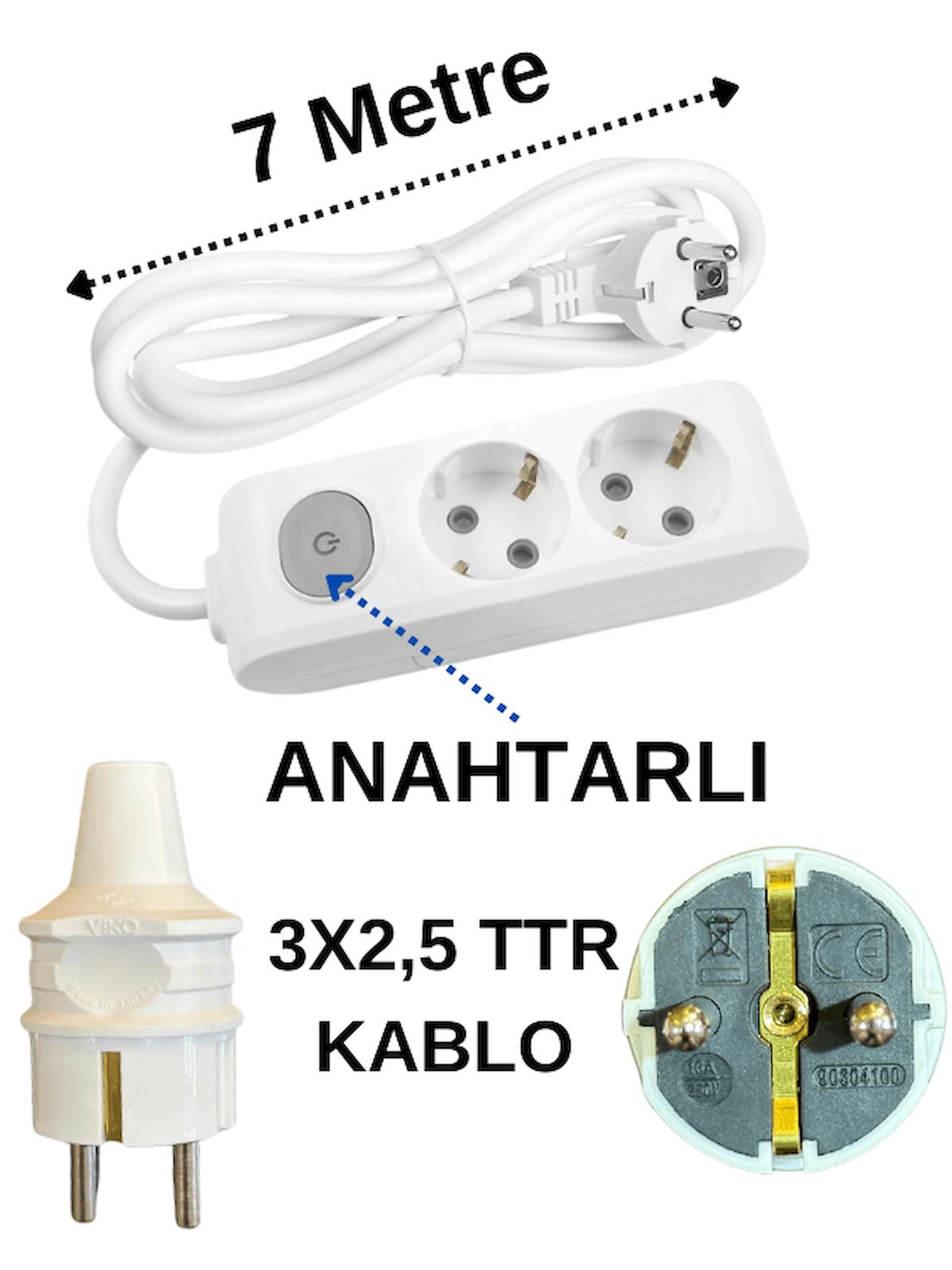 Avarson 3500 W Kalın Topraklı Anahtarlı 2'li 7 m Uzatma Kablosu Beyaz