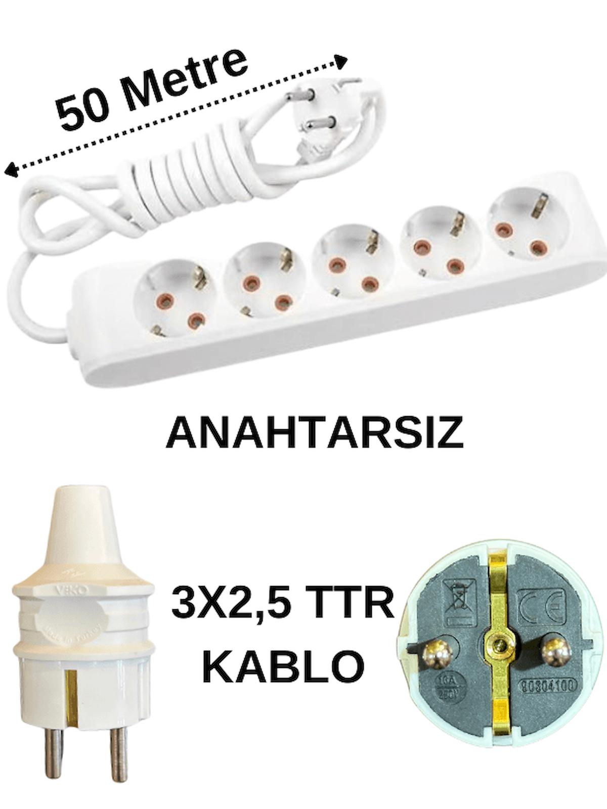 Avarson 3500 W Kalın Topraklı 5'li 50 m Uzatma Kablosu Beyaz